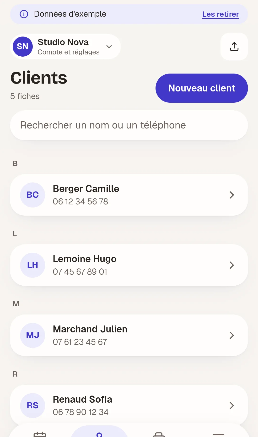 Écran Clients de Crenova