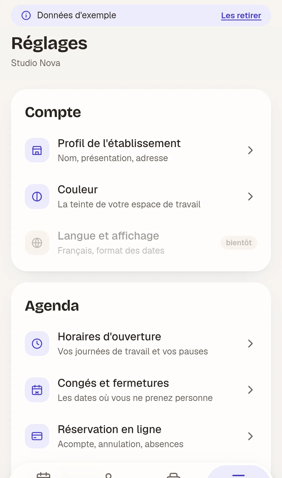 Écran Réglages de Crenova